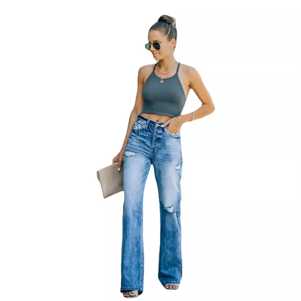 Ripped Distressed Wide Leg Denim Jeans