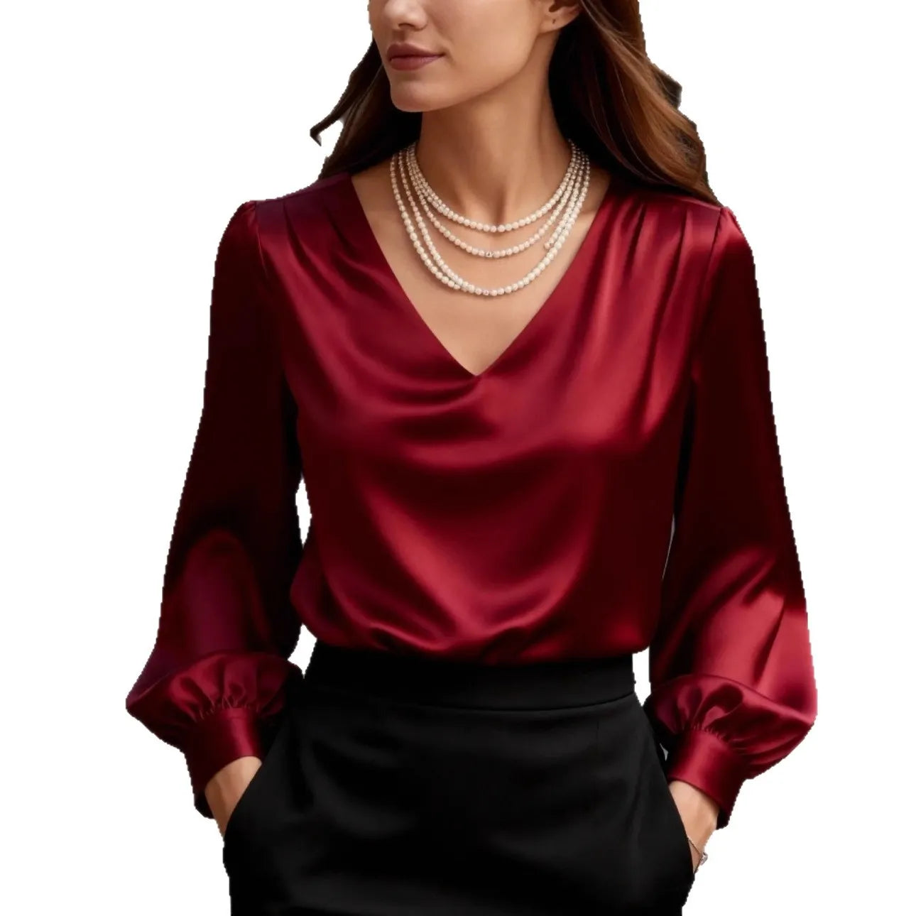 Solid V-Neck Long Puff Sleeve Elegant Blouse
