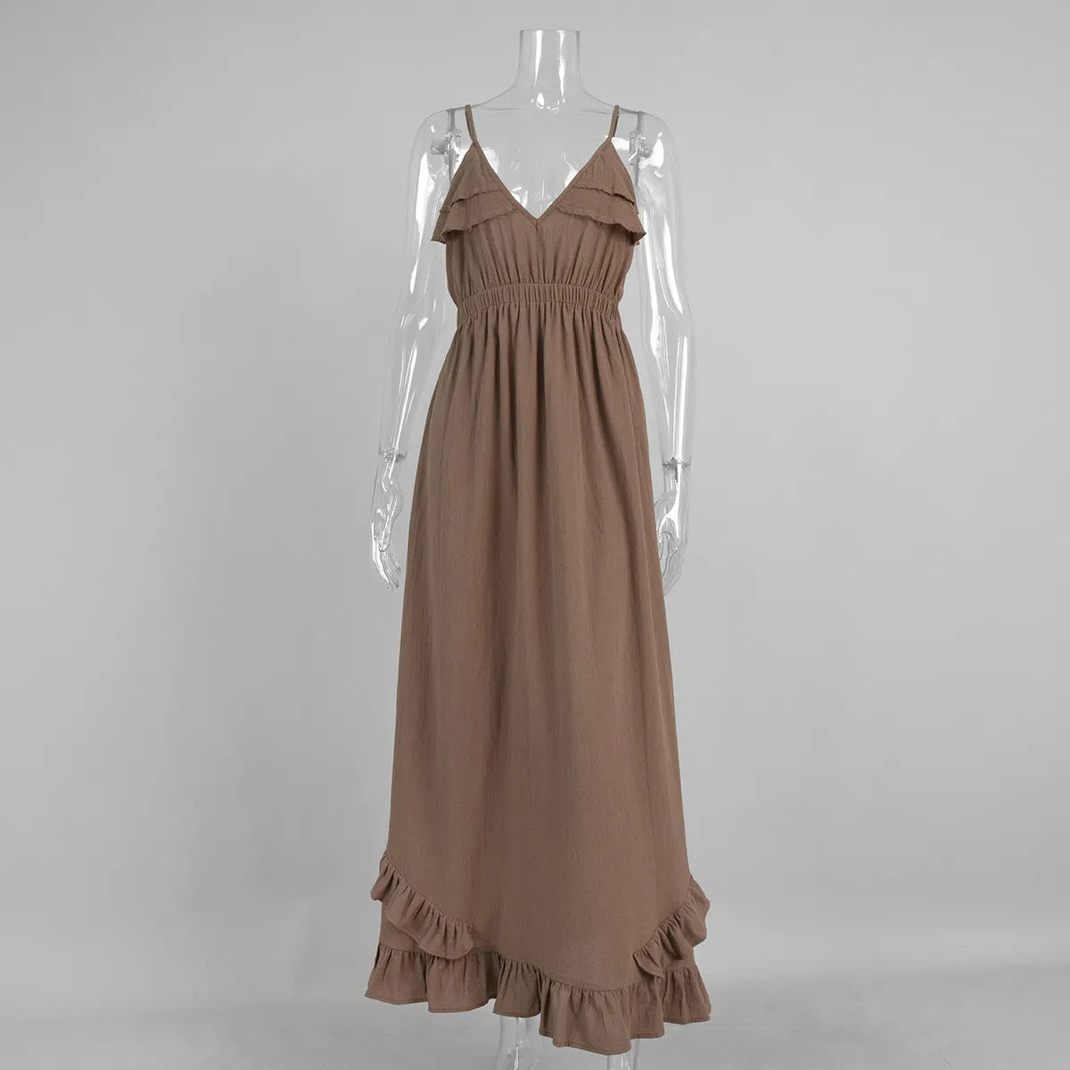 Brown Ruffle Deep V-Neck Spaghetti Strap Maxi Dress
