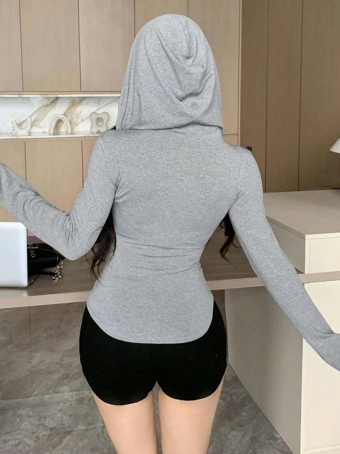 Zip-Up Hoodie, Fitted Long Sleeve Corset Style Casual Jacket