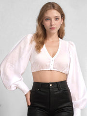 V-Neck Lace Trim Puff Long Sleeve Cropped Button Down Blouse