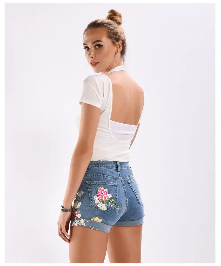 Boho Floral Bird Embroidered Denim Shorts