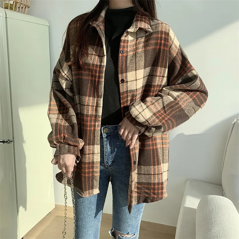 Fall Oversized Brown Black Plaid Shirt, Long Length Button Front Loose Fit Blouse