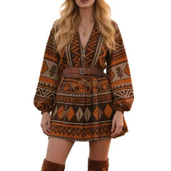 Bohemian Geometric Print Long Sleeve Mini Dress