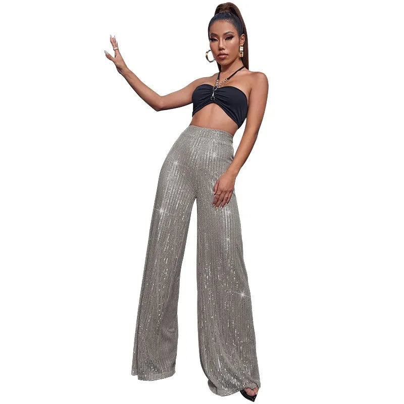 Sequin Stripe High Waist Wide Leg Pants
