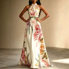 Floral Print Halter Neck High Waist Flowy Maxi Dress