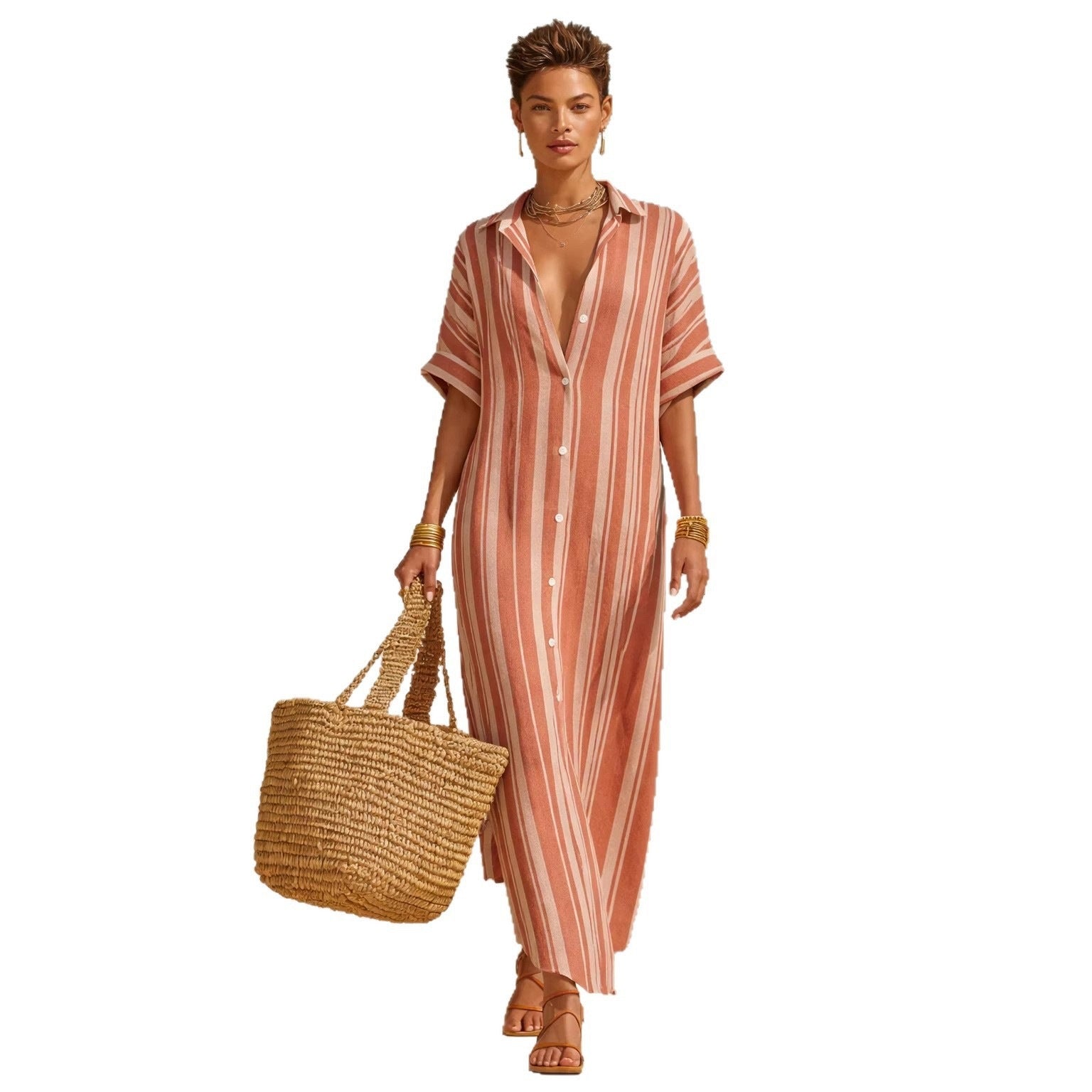 Striped Button Front Shirt Maxi Dress