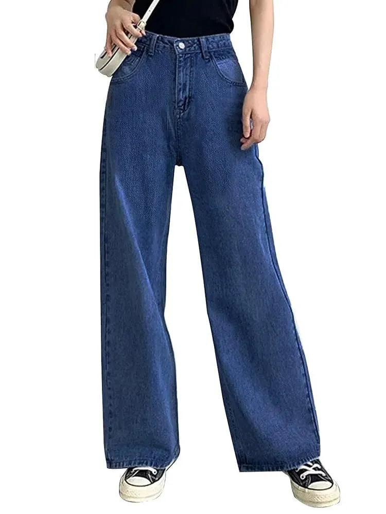 High‑Waist Washed Wide Leg Jeans