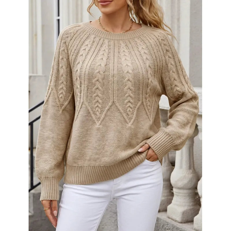 White Cable Knit Crew Neck Sweater Oversized Long Sleeve Pullover Jumper