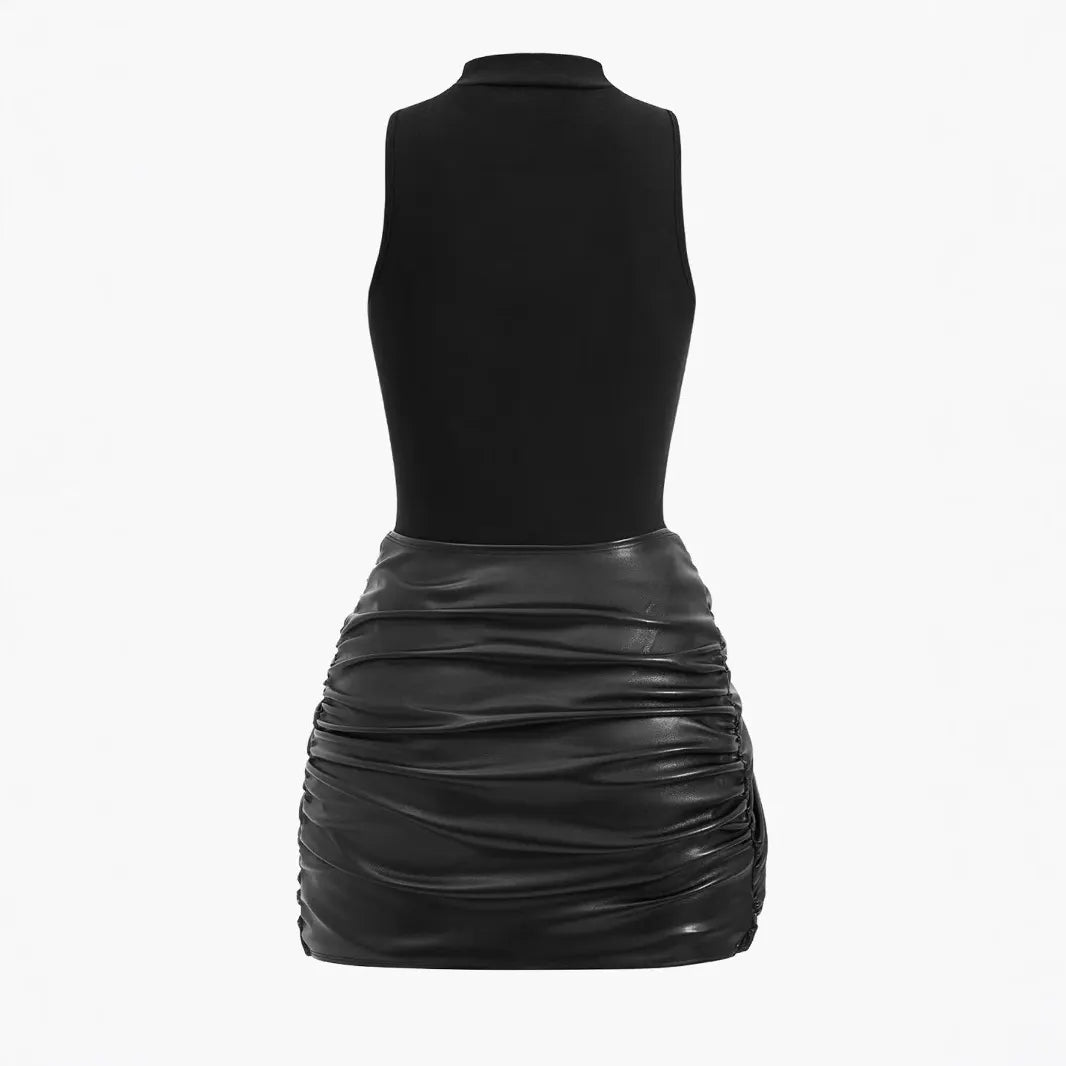 Mock Neck Bodycon Dress, Faux Leather Wrap Tie Detail Mini Dress