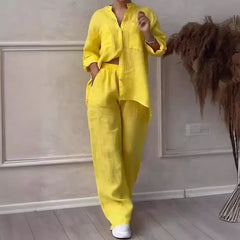 Green Linen-Blend Button-Down Shirt & Wide-Leg Pants Set