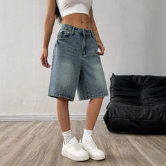 Mid Waist Washed Straight Leg Denim Bermuda Shorts