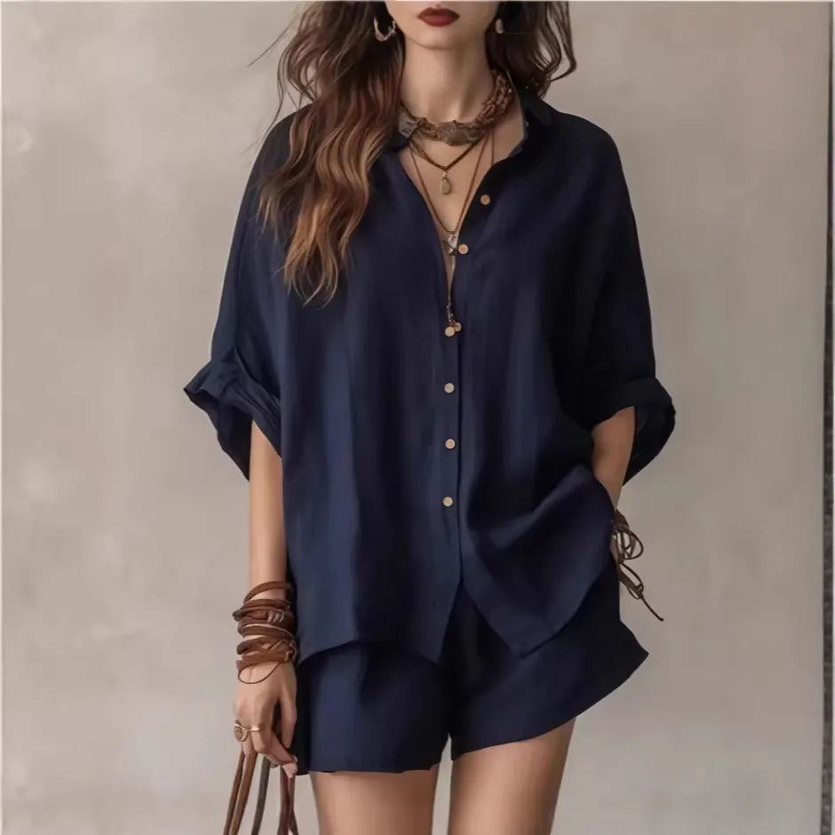 Collared Roll Sleeve Oversized Linen Shirt + Elastic Waist Shorts 2 Piece Casual Set
