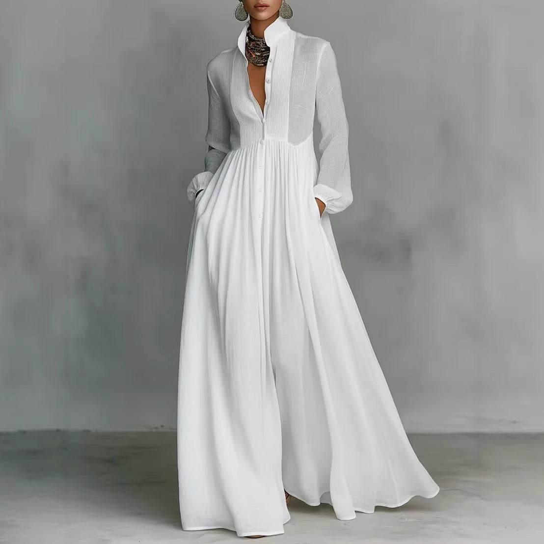White Stand Collar Pleated Long Sleeve Maxi Shirt Dress