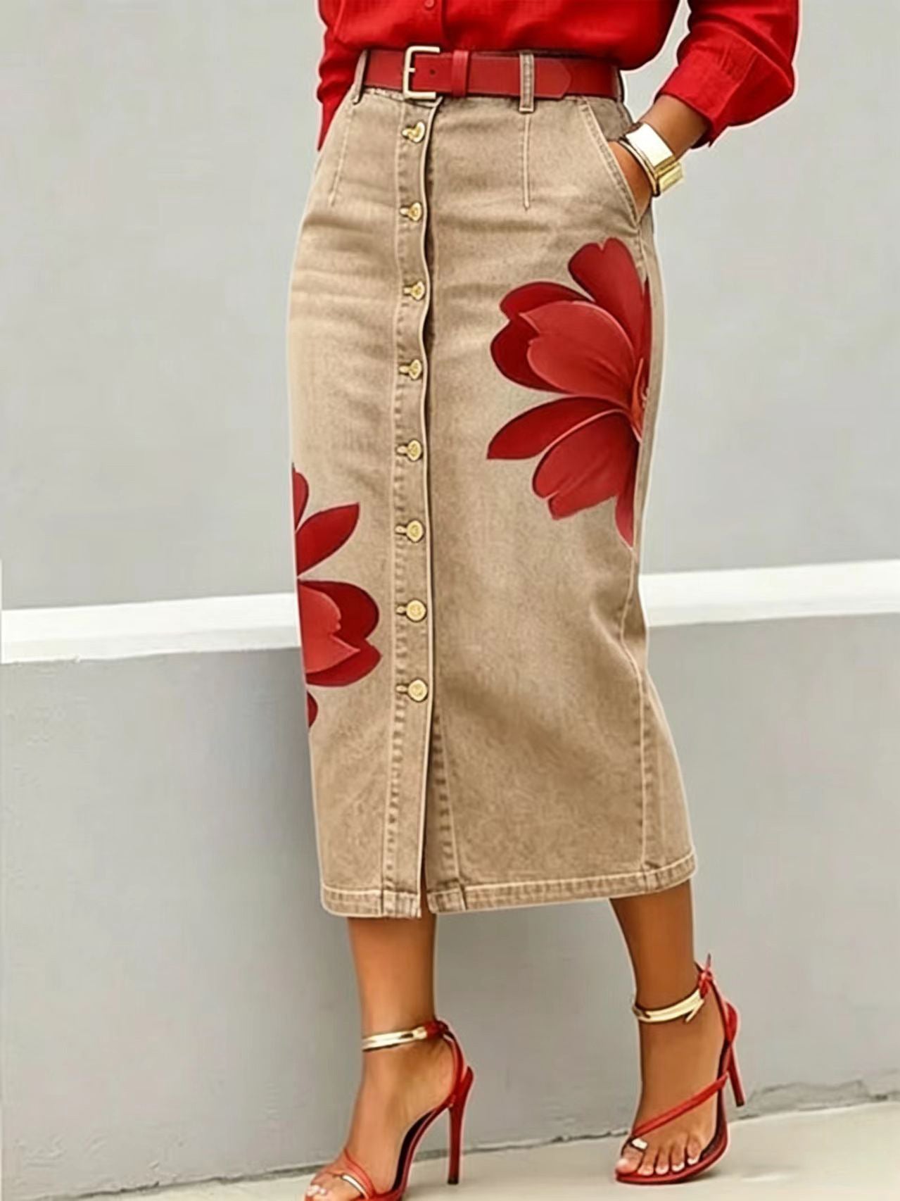 High Waist Red Flower Print Denim Midi Skirt, Button Front Straight Jean Skirt