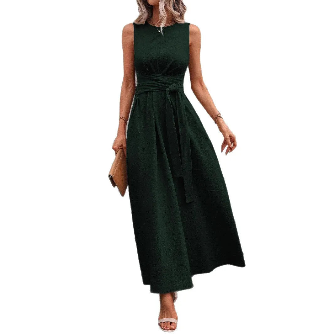 Sleeveless Round Neck Self Tie Waist Midi Dress