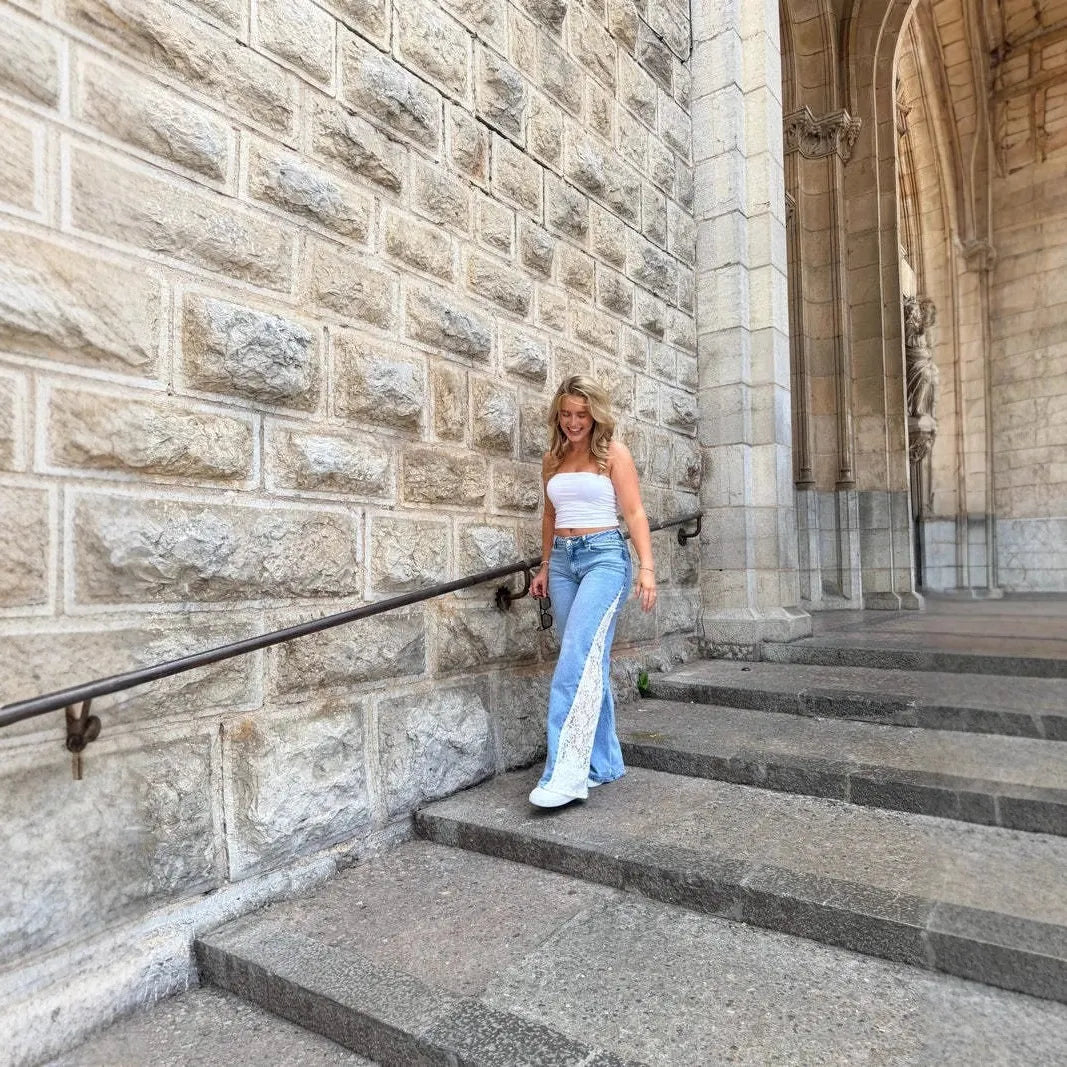 Mid‑Waist Lace Spliced Flare Jeans