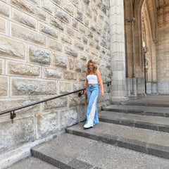 Mid‑Waist Lace Spliced Flare Jeans