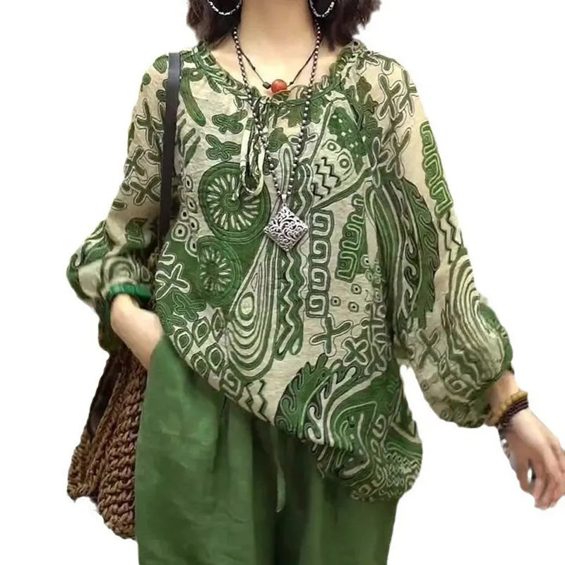 Round Neck Plant Floral Print Loose Long Sleeve Chiffon Commuter Blouse
