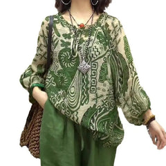Round Neck Plant Floral Print Loose Long Sleeve Chiffon Commuter Blouse