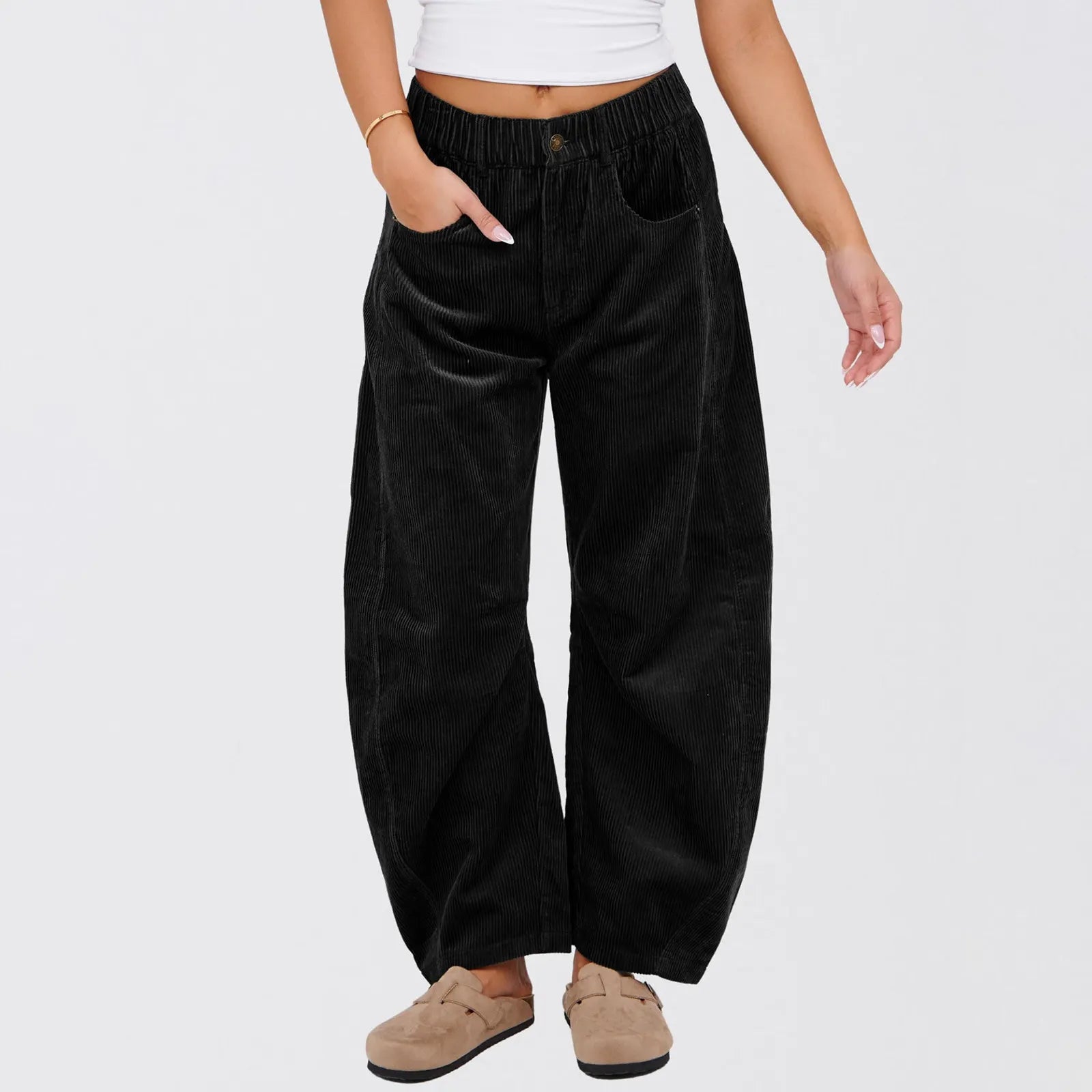 Corduroy Elastic High Waist Barrel Wide Leg Pants