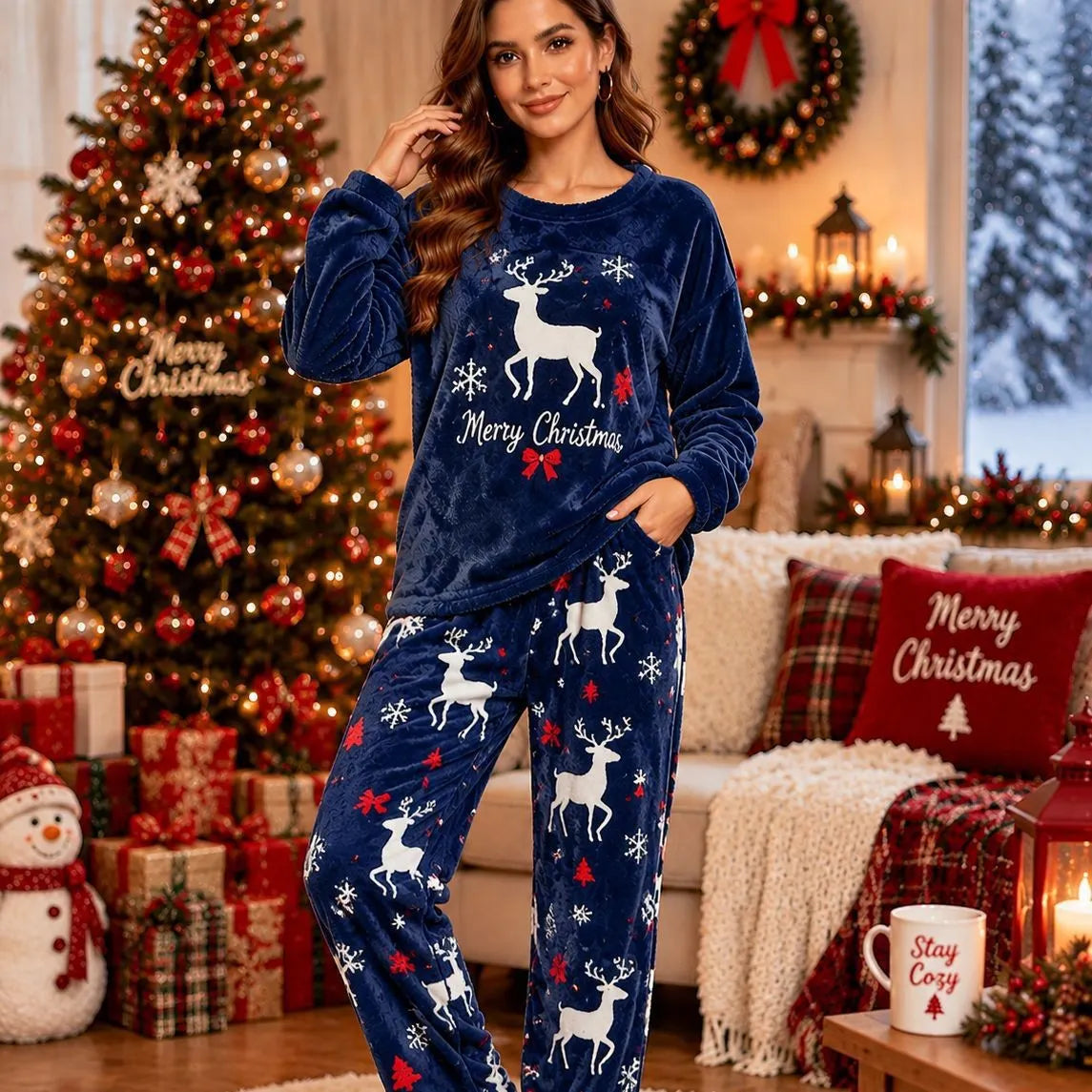 Cute Christmas Snowman Fleece Loungewear Set Round Neck Long Sleeve Top & Elastic Waist Full Length Pants