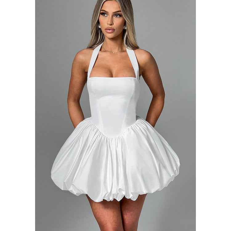 White Polka Dot Halter Neck Bubble Mini Dress