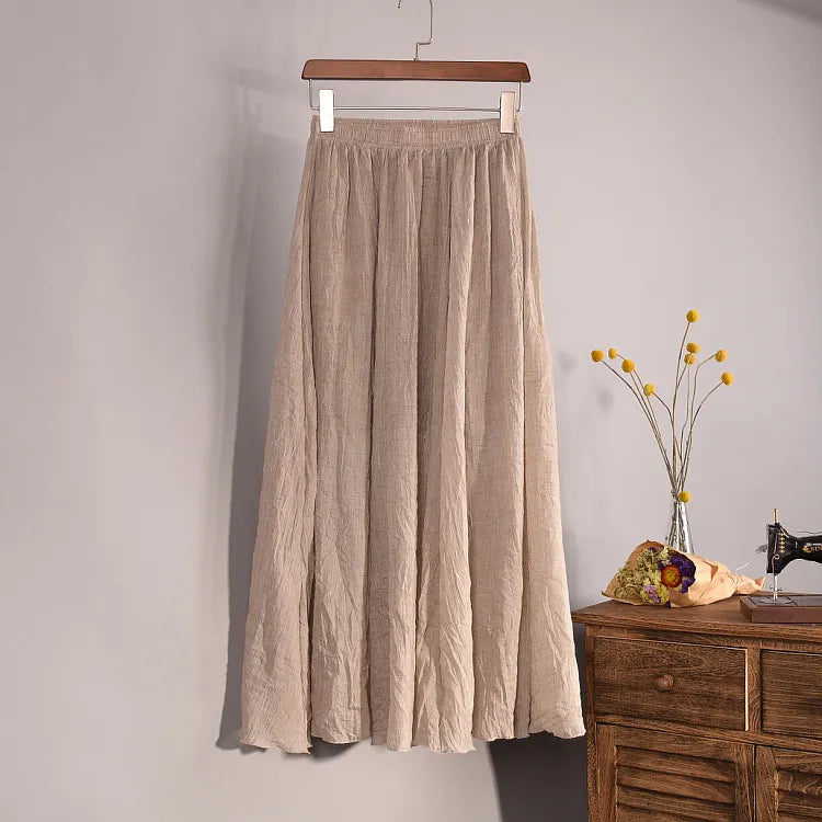 Linen Blend Maxi Skirt High Waist Pleated Flowy Skirt