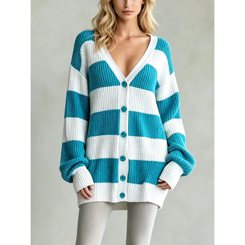 Navy White Wide Stripe Oversized Knit Cardigan V Neck Button Front Long Sleeve Loose Sweater Coat