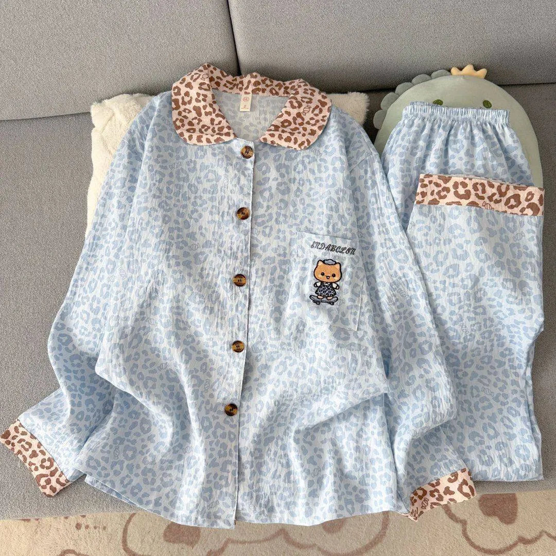 Light Blue Leopard Shirt & Pants 2 Piece Pajamas with Pocket Embroidery