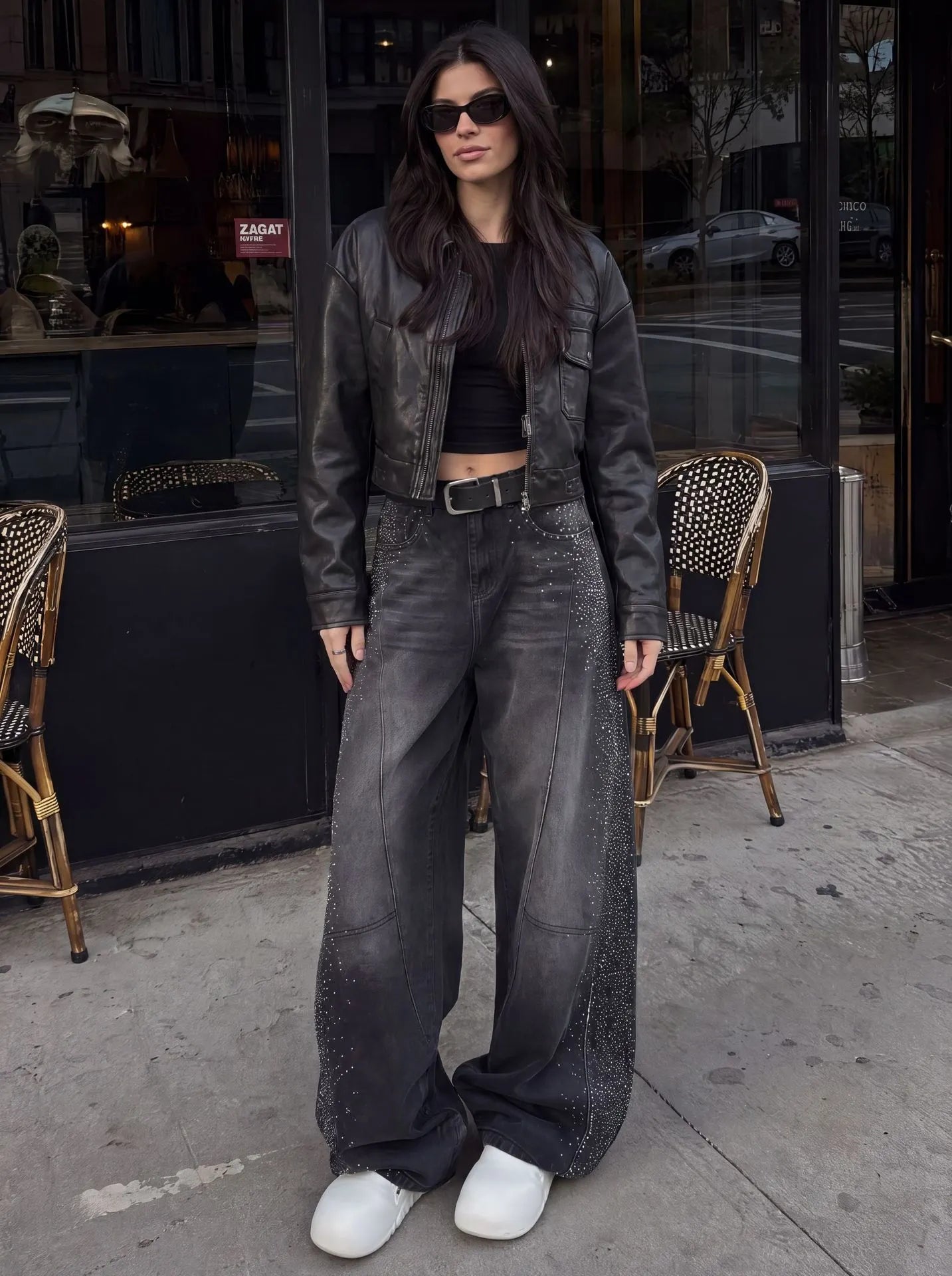 High Waist Rhinestone Spliced Loose Jeans