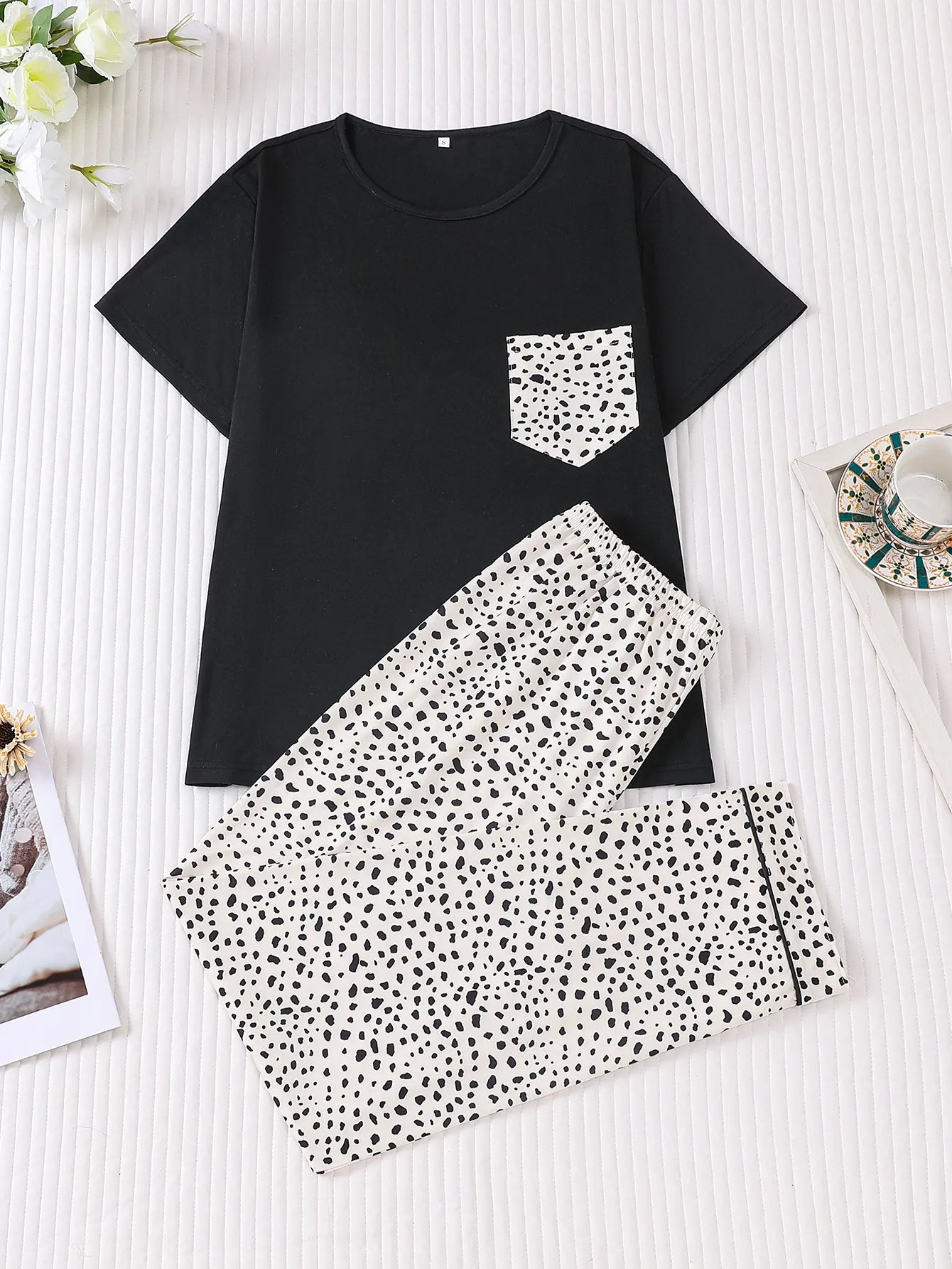 Color Block Polka Dot Pocket Short Sleeve Long Pants Loungewear Set