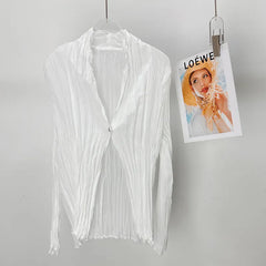 Semi Open Collar One Button Crinkled Pleated Loose Long Sleeve Shirt