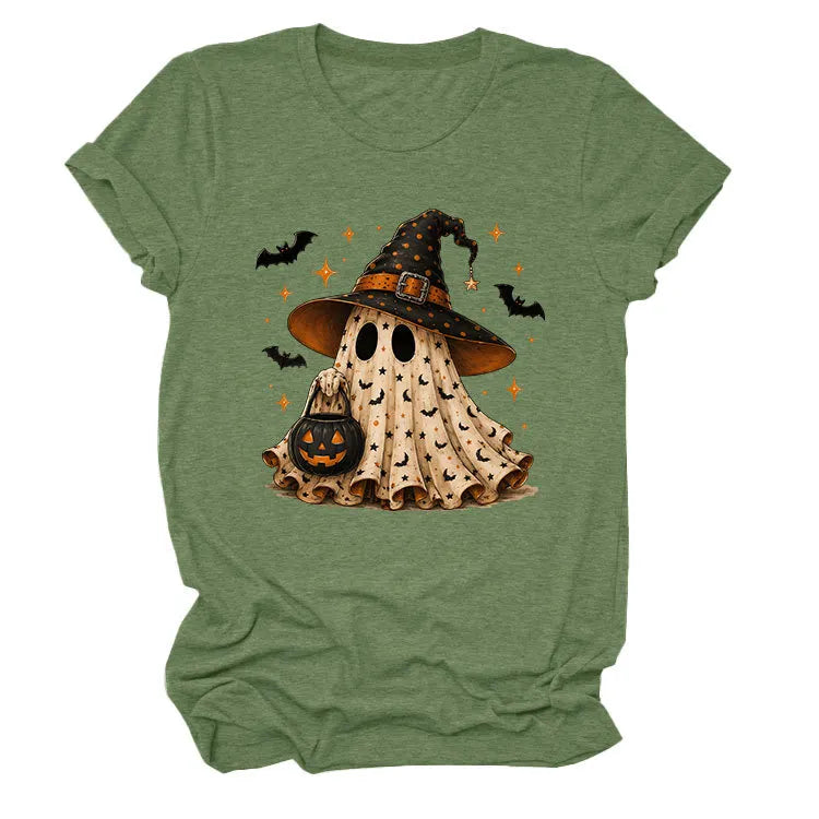 Halloween Ghost Witch Bat Print Crew Neck Short Sleeve T‑Shirt