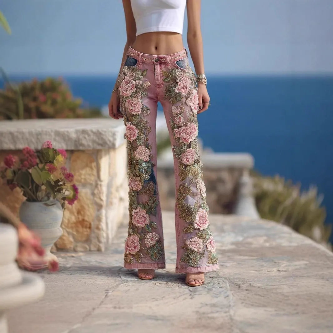 Retro Floral Embossed Flare Jeans