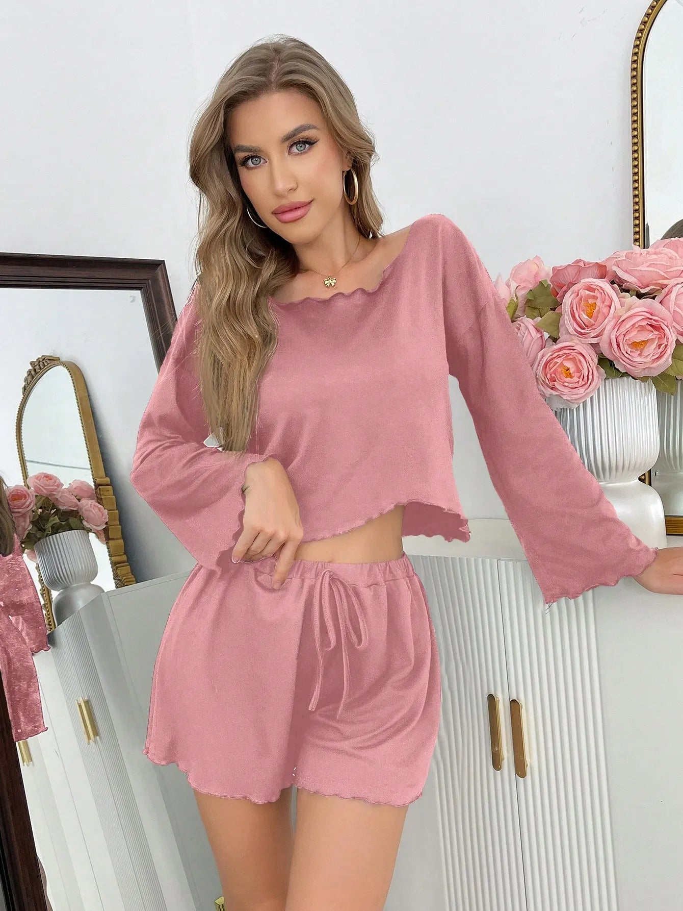 Pink Off Shoulder Lettuce Trim Long Sleeve 2 Piece Shorts Pajama Set