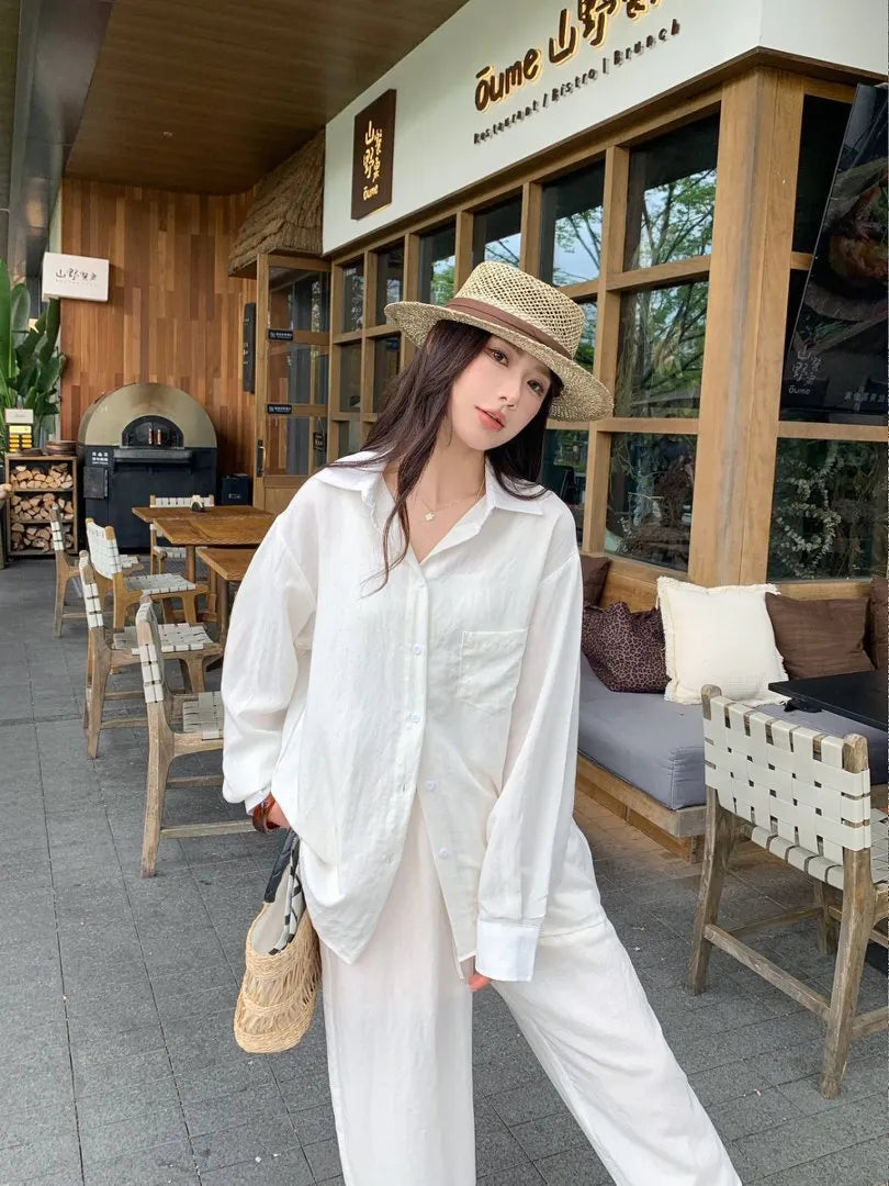 Oversized Long Sleeve Shirt Drawstring Shorts / Pants 2 Piece Casual Suit