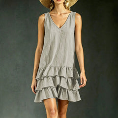 Solid V-Neck Sleeveless Layered Ruffle Spliced Straight Loose Mini Dress