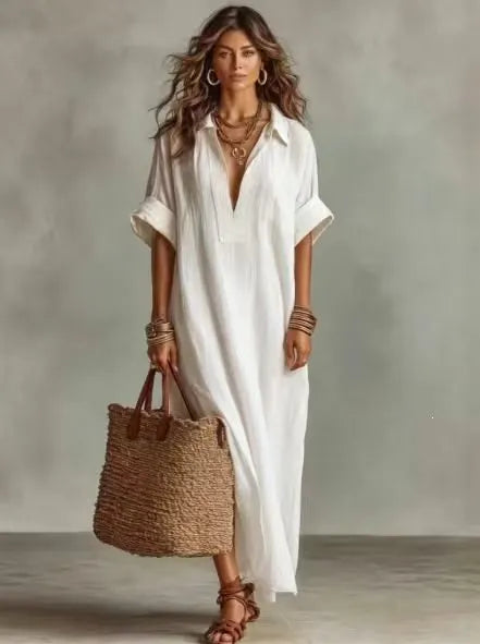 Lapel Half Button Roll Up Sleeve Loose A-Line Maxi Shirt Dress