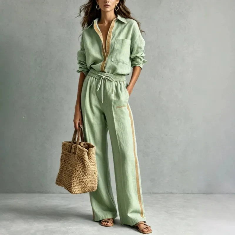 Beige Linen Two Piece Set Contrast Trim Shirt & Drawstring Wide Leg Pants