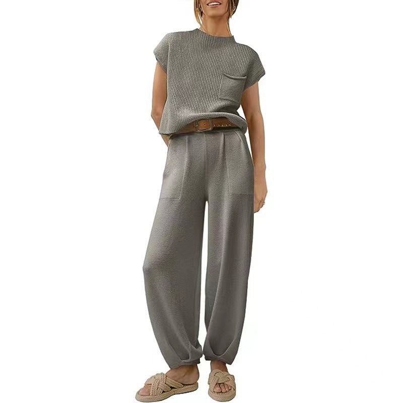White Knit Short-Sleeve Top & Khaki High-Waisted Pants Two-Piece Set