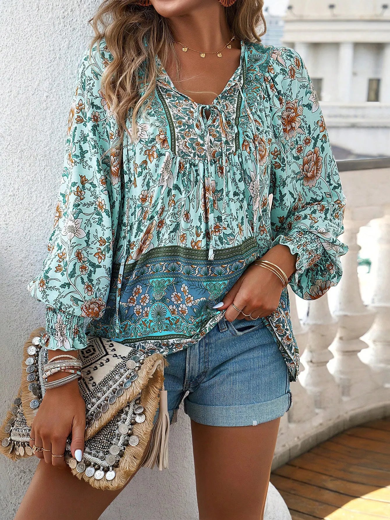 Boho Floral V-Neck Long Sleeve Loose Blouse