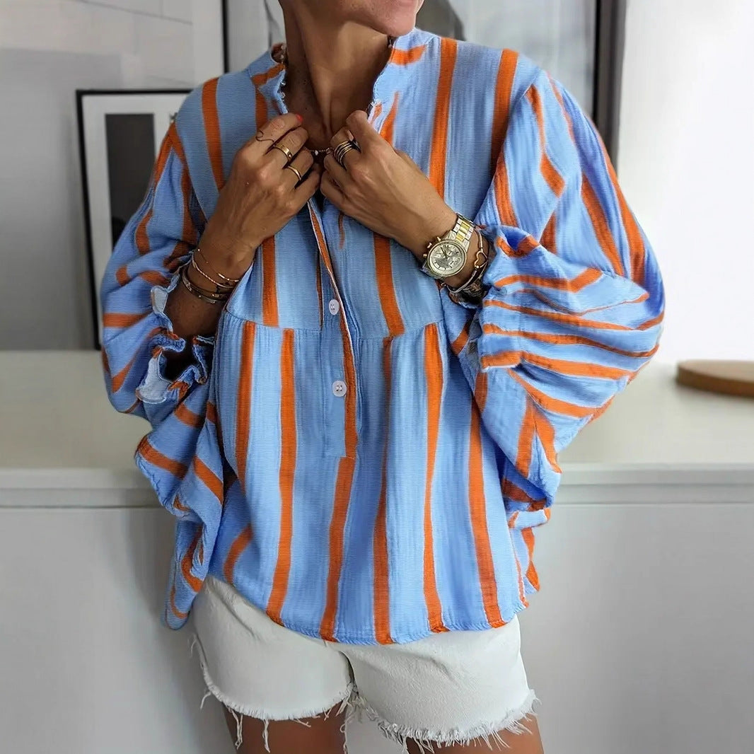 Striped Button-Down Bubble Sleeve Blouse