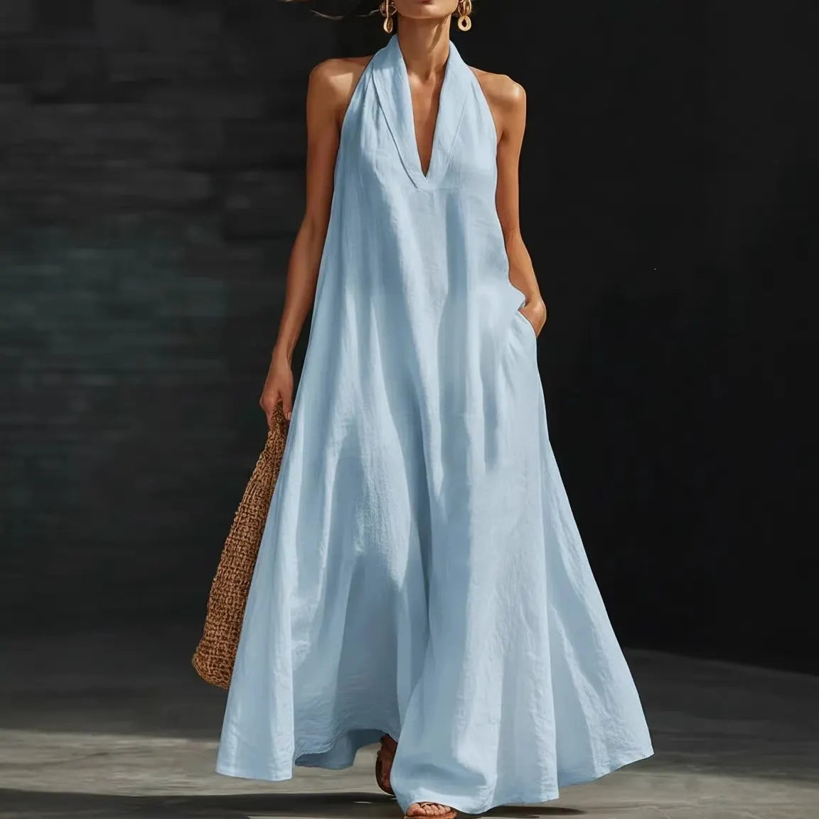 Solid Color Halter Neck A-Line Maxi Dress