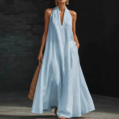 Solid Color Halter Neck A-Line Maxi Dress