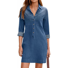Blue Denim Tunic Dress with Chest Pockets, Collared 3/4 Sleeve Casual Dress