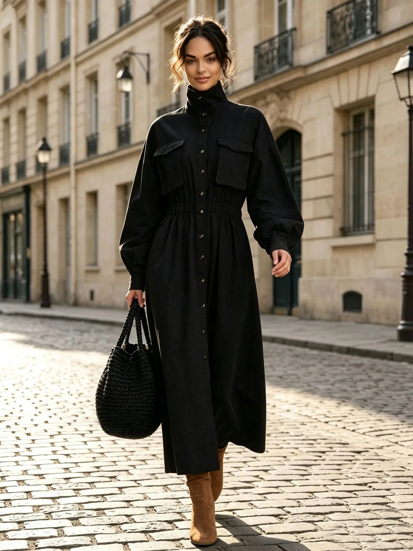 Ladies High Neck Button Down Midi Dress Long Sleeve Chest Pockets Cinched Waist Brown Autumn Dress