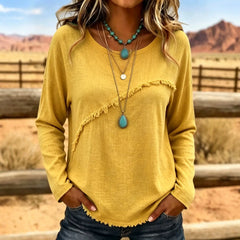 Crew Neck Diagonal Fringe Spliced Long Sleeve Polyester Casual Top