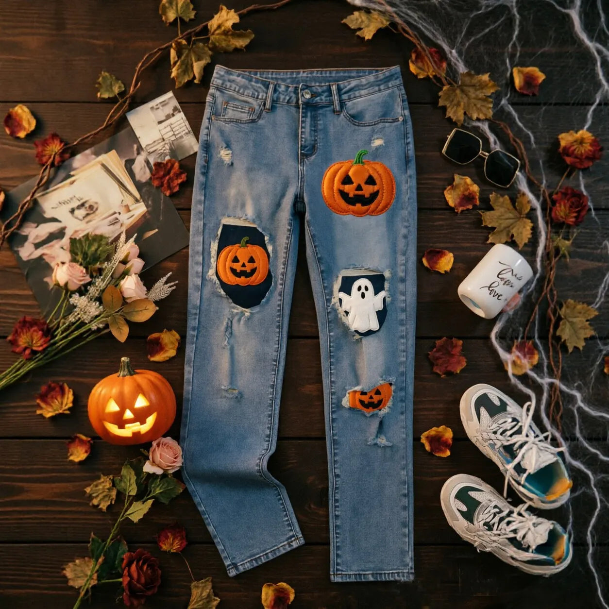 Halloween Pumpkin Ghost Patch Ripped Jeans