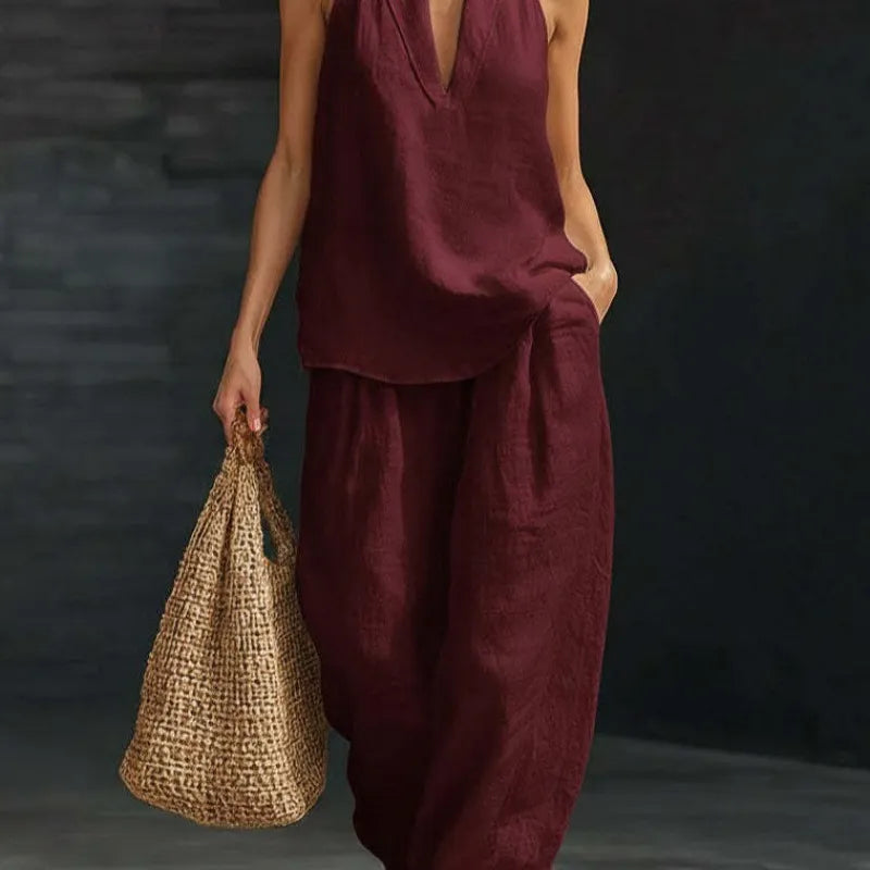 Solid Halter Neck Sleeveless Top & Wide Leg Pants Two-Piece Set